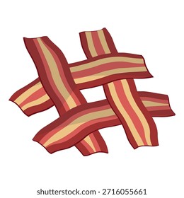 Kreative Bacon Strips, die zu einem Hashtag verflochten sind. Ideal für Social Media, Food und Breakfast-Themen. Illustration, Flaches Design, Vektor. Liegender Flachblick.