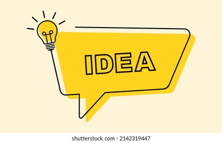 Creative badge with light bulb and speech bubble. Yellow banner with new idea and speech bubble. Creative concept idea.
