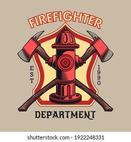 Creative badge with red fire hydrant and crossed axes vector illustration. Colorful emblem for firefighting department. Emergency and firefighting concept can be used for retro template