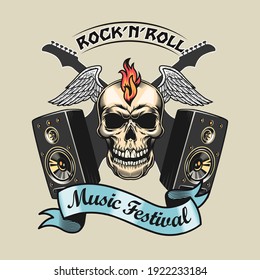 Creative badge with rocker skull and acoustic systems vector illustration. Colorful rock-n-roll element and guitars. Rock music festival and entertainment concept can be used for retro template