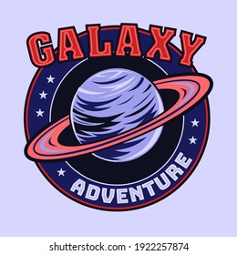 Creative badge with Saturn vector illustration. Colorful round emblem with big planet. Universe and galaxy adventure concept can be used for retro template