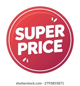 Creative badge with super price text. Playful cartoon style with white accents on red background for best deal offers.