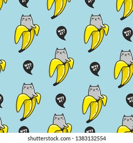 Creative bananas endless pattern with funny cats inside.  Animals in tropical fruits from the palm tree. Summer wallpaper for fabric, surface design and decoration.