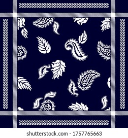 Imagen creativa de bandana. Patrón floreciente con elementos paisley. Colección textil de moda masculina. Blanco sobre fondo azul oscuro.