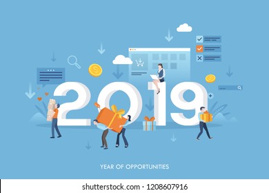 Creative banner with 2019 year number and buyers carrying gift boxes. Holiday sale and discounts in online store or shop, purchasing presents online. Flat colorful vector illustration for web page.