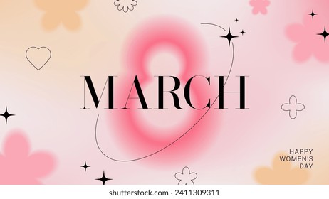 Cartel creativo para el 8 de marzo. Tarjeta del Día Internacional de la Mujer. Ilustración vectorial de moda de estilo Y2k con elementos estéticos borrosos y formas lineales. Diseño minimalista para fiesta, anuncios, promoción, portada.