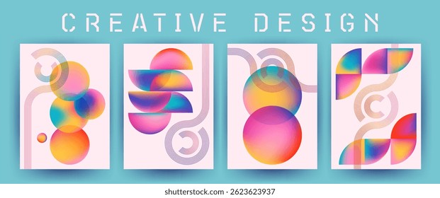 Creative banner with abstract geometric forms vector collection. Modern posters with circular shapes. Smooth colorful composition. Flowing gradient geometric layout set. Cover page templates.