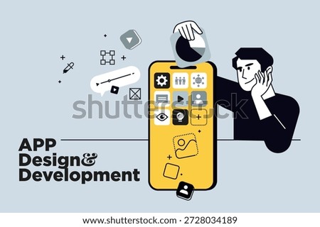 Creative banner of app design and development. Vector illustrations for web banner, social media banner, business presentation, marketing material. 