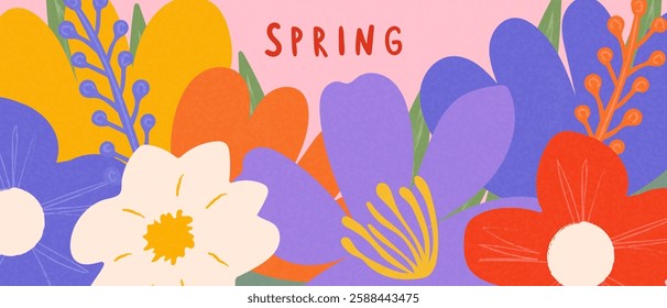 Creative banner with bright spring flowers Hello Spring. Spring background for social media posts, banner design, postcard. Vector.