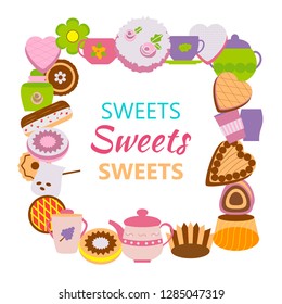 Creative banner with cakes. Vector illustration of set baking in circle.