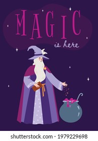 Creative banner or card design with medieval fairy tale wizard or sorcerer brewing magic potion in pot, flat cartoon vector illustration on purple background.