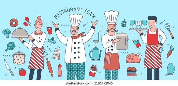 Creative banner with chief, cook, waiter and waitress surrounded by food products, meals and cooking tools. Restaurant team, personnel or staff. Colorful vector illustration in modern linear style.