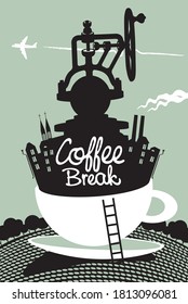 Creative banner with a coffee grinder and old buildings in a white cup on the background of landscape with trees and flying plane. Vector illustration with handwritten inscription Coffee break