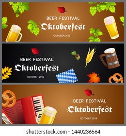 Creative banner collection for beer festival. Modern design with beer and hops on black and brown background. Oktoberfest lettering can be used for invitations, signs, announcements