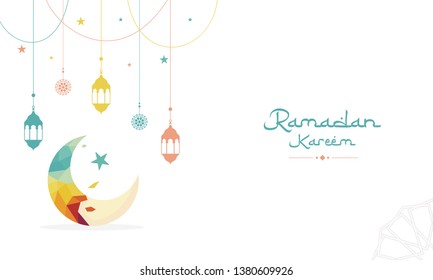 Creative Banner concept illustration crescent moon abstract origami polygonal low-polydesign shapes with Arabic Islamic Calligraphy text of ramadan kareem, the holy month.