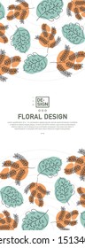 Creative banner decorated with hand drawn tropical leaves. Vector of abstract backgrounds with bright vibrant banners, posters, cover design templates with tropical leaves and plants.
