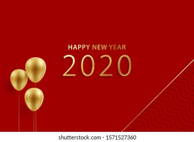 Creative banner design for 2020 Happy New Year. 3D style golden balloons on red background. Eps10 Vector Illustration.