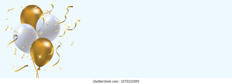 Creative Banner Design Celebration template. Realistic balloons of gold and white colors, studded with gold with sparkles and Glitter confetti. Birthday celebration template. Copy Space text area