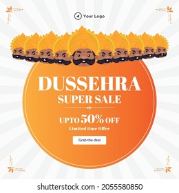 Creative banner design of Dussehra super sale template.