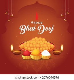 Creative banner design of Indian festival happy bhai dooj template.