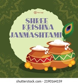 Creative banner design of Indian festival Happy Krishna Janmashtami template.