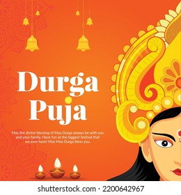 Creative banner design of Indian festival happy durga puja template.