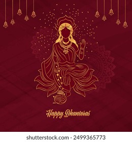 Diseño de Anuncio creativo del festival indio feliz Plantilla de Dhanteras con la diosa Laxmi.