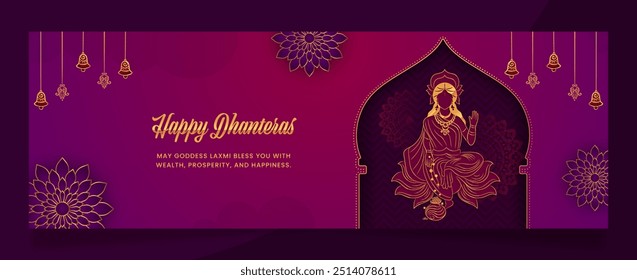 Creative banner design of Indian festival happy Dhanteras template with Goddess Laxmi. Design for Banner or Header with copy space