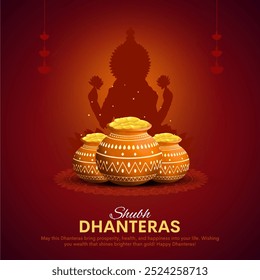 Diseño creativo del Anuncio del festival indio feliz Plantilla de Dhanteras con la diosa Laxmi y la olla de oro.