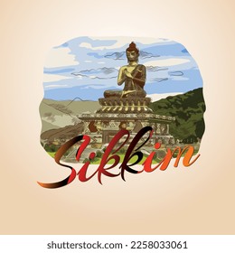 Kreatives Banner-Design für den indischen Staat Sikkim mit der Illustration der Buddha-Skulptur in Ravangla.