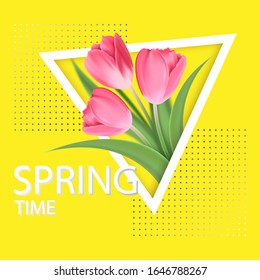Creative Banner Design. Modern square banner with tulips on trending yellow background.  Design template. Fresh bright colors.