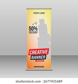 Diseño de Anuncio creativo con fondo multicolor 50% de descuento. Ilustración vectorial de Plantilla de Anuncio en espera X