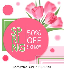 Creative Banner Design. Spring Sale vector background. Modern square wholesale banner with tulips.  Design template for beaty or fashion industry. Fresh bright colors.