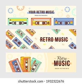 Creative banner designs with compact cassettes. Vivid brochures with vintage tape records. Retro music and audio equipment concept. Template for poster, promotion or web design