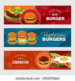 Creative banner designs for fast food restaurant. Vivid brochures for advertisement of burgers. Unhealthy meal and nutrition concept. Template for poster, promotion or web design