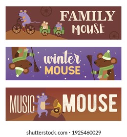 Creative banner designs with funny mice. Vivid brochures with mouse characters cycling, dancing, standing. Rodents and animals concept. Template for poster, promotion or web design