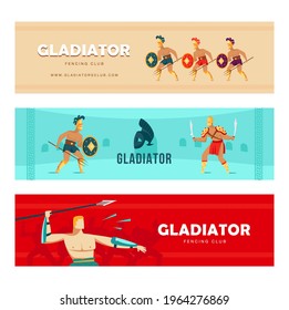 Creative banner designs with gladiators with various weapons. Vivid brochures with ancient warriors holding tridents, daggers, spear. Fencing club, hobby concept for poster, promotion or web design