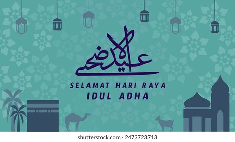 Creative banner eid adha mubarak. Simple shapes design with arabic islamic caligraphy. Perfect for banner, poster and wallpaper decoration.