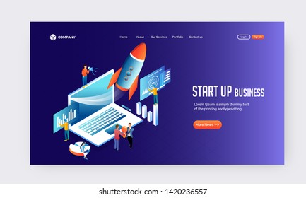 Creative banner or flyer design with illustration business people launching rocket on purple background for Startup Business concept.