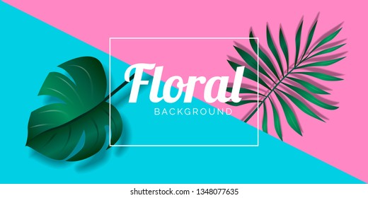creative banner flyer design with tropical leaves on duo tone pink cyan diagonal  background minimal style