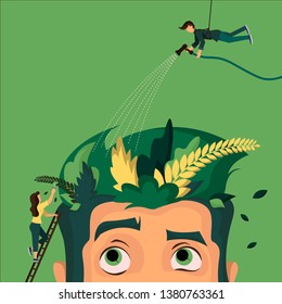 Creative banner with a giant man's head with plants instead of hair. Tiny man and woman caring for the plants. Eco-friendly vector flat illustration.