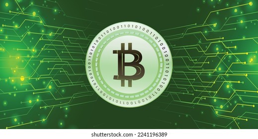 Banner creativo bitcoin verde con esquema electrónico y banner en el fondo azul. Archivo vectorial Eps 10. Símbolos virtuales de la moneda de bitcoin en el fondo del código binario. Moneda criptográfica. 