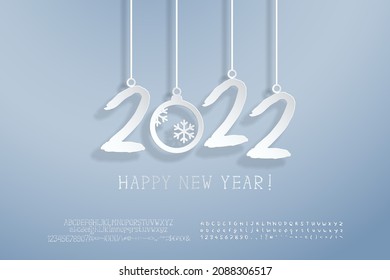 Creative banner Happy New Year 2022 with white handwritten numbers and Christmas ball, paper cut style, on gray gradient background, for internet and web pages. Two fonts sets are included