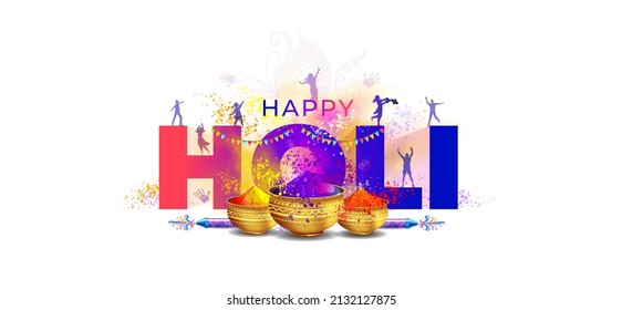 Creative banner of Holi Festival celebration. Colorful background People palaying with Gulal, pichkari, traditional pot and text Happy holi