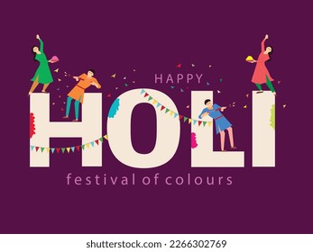 Creative banner of Holi Festival celebration. Colorful background People palaying with Gulal, pichkari, traditional pot and text Happy holi