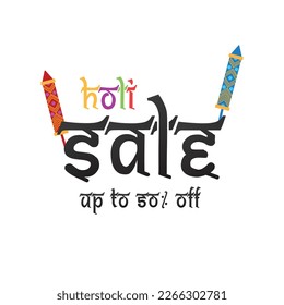 Creative banner of Holi Festival celebration. Colorful background People palaying with Gulal, pichkari, traditional pot and text Happy holi