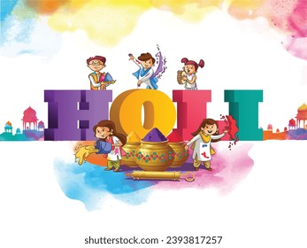 Creative banner of Holi Festival celebration. Colorful background Kids Celebrating with colours.