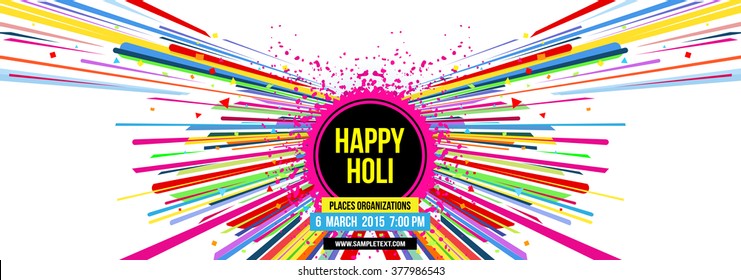 Creative banner for Indian festival Happy Holi celebrations with multi color splash and strips on white background.