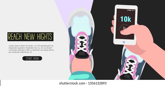 Creative banner or a landing page for marathon running or other sport activities, Vector illustration of  a man or a woman in running shoes holding a  mobile with application for running.