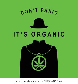 Creative banner for legalize marijuana. Vector illustration of a mysterious man without a face, but wearing a hat, strict coat and a medallion in form of a cannabis leaf on a bright green background